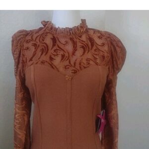 On 12th Large Copper Brown Floral Burnout Stretch Corset Mock Ruffle Neck